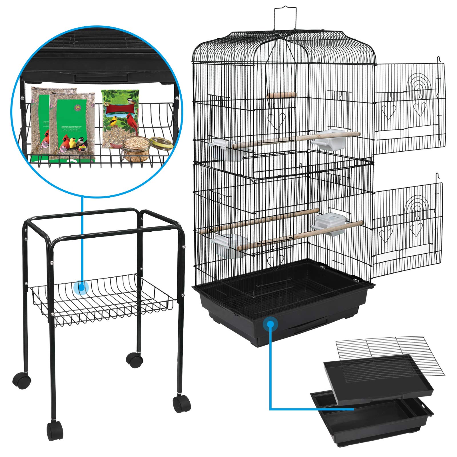 SUPER DEAL 59.3 Rolling Bird Cage Large Wrought Iron Cage for Cockatiel Sun Conure Parakeet Finch Budgie Lovebird Canary Medium